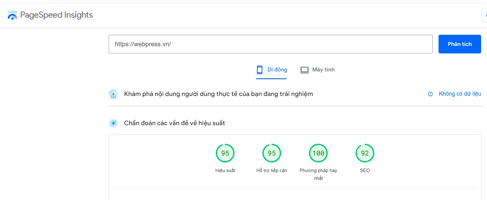 Kết quả kiểm tra website trên google speed insights